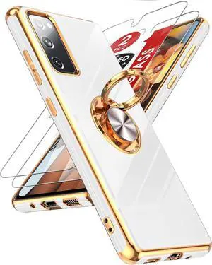 LeYi for Samsung S20-FE Case: with Tempered Glass Screen Protector [2 Pack], 360° Rotatable Ring Holder Magnetic Kickstand, Plating Rose Gold Edge Protective Case for Galaxy S20FE 5G, White