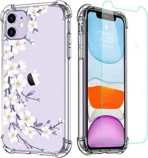 Clear Flower Designed for iPhone 11 Case with Screen Protector, Soft Shockproof Protective Transparent Bumper Cover for Women Girls Floral Pattern Phone Case 6.1 Inch (Windflower/White)
