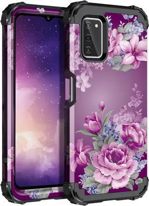 LONTECT for Galaxy A03S Case Floral Shockproof Rugged Heavy Duty 3 in 1 Hybrid Sturdy High Impact Protective Cover Case for Samsung Galaxy A03S 6.5 inch,Purple Flower/Black