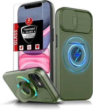 for iPhone 11 Case/for iPhone XR Case Magnetic Compatible with MagSafe Wireless Charging,with 2 Screen Protectors,with Kickstand Ring+Camera Cover Shock-Absorbent Heavy Duty Protection Green