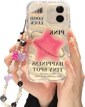 Fycyko Case for iPhone 12/12 Pro with Phone Charm/Chain,Sparkly Pink Star Pattern Clear Cute Phone Case with Pearl Love Heart Bracelet,Luxury Bling Women Girl Phone Case for iPhone 12/12 Pro
