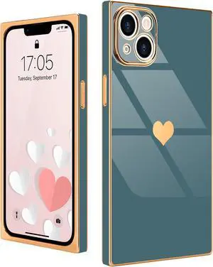 Compatible with iPhone 13 Case Rectangle Luxury Plating Gold for Women Girls Cute Love Heart Pattern Shockproof Raised Full Camera Lens Protection Cover Case for iPhone 13, Grey