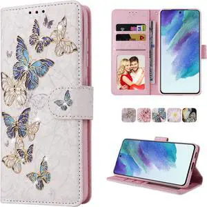 UEEBAI Wallet Case for Samsung Galaxy A15 4G/5G, PU Leather Phone Case Kickstand RFID Blocking Flip Case Card Slots Wrist Strap Relief Engraved Pattern Magnetic Closure Folio Case - Blue Butterfly