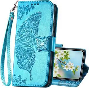 for iPhone 12 Mini Wallet Case,Women Flip Folio Cover Butterfly Embossed PU Leather Kickstand Card Holder Slots Wrist Strap Purse Phone Case,5.4 inch (Blue)