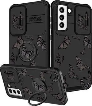 (2in1 for Samsung Galaxy S21 Case for Women Butterfly Cute Girls Phone Cover Girly Pretty Aesthetic Kawaii Black Butterfly Design with Camera Cover + Ring Stand Funda for Galaxy S21 5G Case
