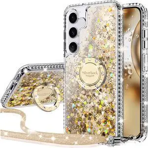 Silverback for Samsung Galaxy S24 Plus Case, Moving Liquid Holographic Glitter Case with Ring Stand, Girls Women Bling Diamond Slim Protective Case for Galaxy S24 Plus - Clear Gold