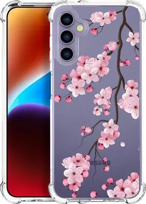 Compatible for Samsung Galaxy S24 Plus & S25 Plus Case for Women Cute Phone Funda Clear Design, S24+ / S25+ Cases Transparent Cool Kawaii Protective,Sakura Branch Pink Peach Cherry Blossom