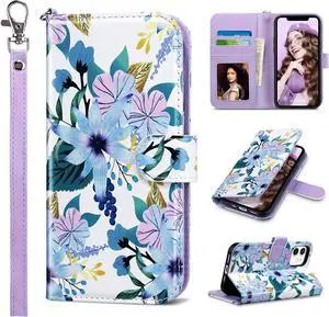 ULAK Compatible with iPhone 12/12 Pro Wallet Case with Card Holder [RFID Blocking], PU Leather Case with Kickstand Card Slots Wrist Strap, Durable Shockproof Protective Cover 6.1 Inch, Blossom