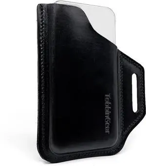 TobbinGear Left Handed Leather Belt Phone Pouch, Leather Cell Phone Holster, Universal Leather Phone Case with Belt Loops, for Men and Women Large Black