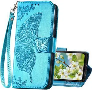 for Galaxy A23 5G Phone Case Wallet,Women Flip Folio Cover with Credit Card Holders Butterfly Embossed PU Leather Kickstand Wrist Strap Protective Case (Blue)