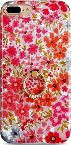 Qokey Case for iPhone 8 Plus/ 7 Plus 5.5 inch, Cute Crystal Clear Flower Cover for Women Girls 360 Degree Rotating Ring Stand Kickstand Soft TPU Shockproof, Pink Floral