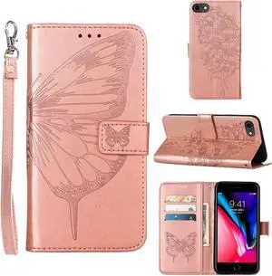 for iPhone SE 2022/SE 2020 Case,for iPhone 6/6S/7/8 Wallet Case,Butterfly Floral Embossed,Wrist Strap,Card Holder Slots,Stand Leather Protective Flip Cover (Rose Gold)
