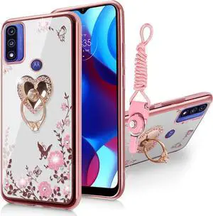 B-wishy for Motorola Moto G Pure Phone Case,Moto G Power 2022 Case for Women, Glitter Butterfly Heart Floral Slim TPU Protective Cover with Kickstand+Strap for Moto G Play 2023(Rose Gold)