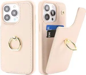 for iPhone 15 Pro Case with Card Holder,Credit Card Holder,Ring Stand Kickstand,Shockproof Cute Phone Wallet Case for Women (6.1 inch,Beige)
