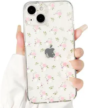 Compatible for iPhone 13 Case Cute Clear Flower Floral Design for Girls Women Soft TPU Shockproof Protective Girly for iPhone 13-Pink & White Flowers