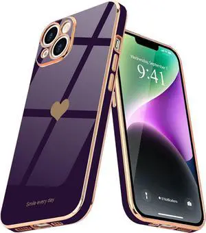 Teageo Compatible with iPhone 14 Plus Case for Girl Women Cute Love-Heart Luxury Plating Soft Back Cover Raised Camera Protection Bumper Silicone Shockproof Phone Case for iPhone 14 Plus, Dark Purple
