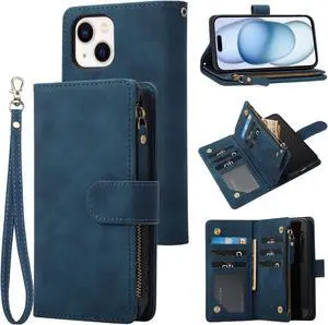 RANYOK Wallet Case for iPhone 15 (6.1 inch) with RFID Blocking Credit Card Holder, Premium PU Leather [Zipper Pocket] Flip Folio Case Wallet with Wrist Strap Kickstand Protective Case (Blue)