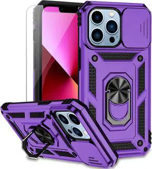 for iPhone 13 Case with Camera Lens Cover HD Screen Protector, Dual Layer [15 FT Military Grade Drop Protection] Magnetic Ring Holder Kickstand Protective Phone Case for iPhone 13 6.1 inch (Purple)