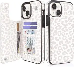uCOLOR Compatible with iPhone 14/15 Plus 6.7" Wallet Case with Card Holder Slots Folio Flip PU Leather Kickstand Magnetic Clasp and RFID Blocking Cover (Beige Leopard)