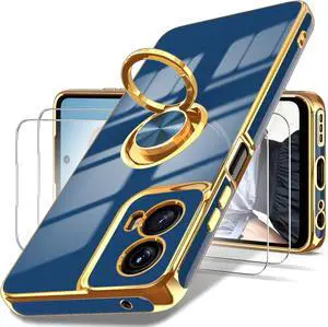 Dretal for Motorola G 5G 2024 Case, Moto G 5G 2024 Case,2X Screen Protector, 360° Rotatable Ring Holder Magnetic Kickstand,Plated Gold Edge Slim Soft TPU Protective Cover (Blue)