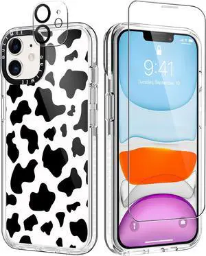 [3 in 1 Designed for iPhone 11 Case Cow Print with Built-in Bumper Shockproof Protective Phone Case Cover for iPhone 11 Cases 6.1" Tempered Glass Screen Protector + Camera Lens Protector