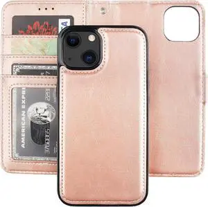 Bocasal Detachable Wallet Case for iPhone 13 RFID Blocking Card Slots Holder Premium PU Leather Magnetic Kickstand Shockproof Wrist Strap Removable Flip Protective Cover 5G 6.1 inch (Rose Gold)