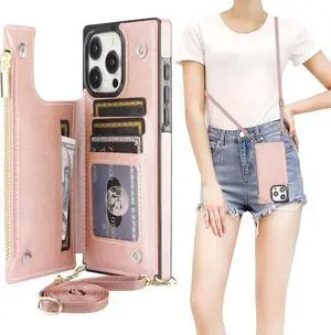 Bocasal Crossbody Wallet Case for iPhone 15 Pro Max with RFID Blocking Card Slot Holder, Magnetic Flip Folio Purse Case, PU Leather Zipper Handbag with Detachable Lanyard Strap 6.7 Inch 5G (Rose Gold)