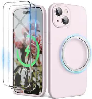 SURPHY Designed for iPhone 15 Case Compatible with MagSafe (6.1 inch 2023), with 2 Pack Screen Protector, Liquid Silicone Phone Case (Camera Protective & Soft Microfiber Lining) (Chalk Pink)