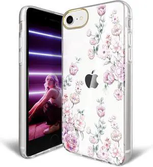 JAHOLAN for iPhone SE Case 2022/2020,iPhone 8/7 Clear Case Plating Flower Design Protective Slim TPU Cover Phone Case for for iPhone 6/6S/7/8/SE 2020 2022 Floral Pink