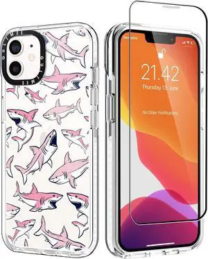 Design for iPhone 12 case & iPhone 12 Pro Case 6.1 inch with Tempered Glass Screen Protector,Cute Pink Sharks Print Slim Design with Shockproof PC Bumper Protective Cover Case for Women Girls