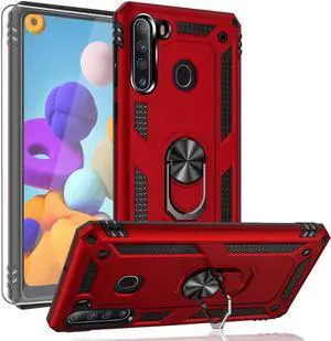 for Galaxy A21 Case, with HD Screen Protector, [Military Grade] Ring Car Mount Kickstand Hybrid Hard PC Soft TPU Shockproof Protective Case for Samsung Galaxy A21 (Red)