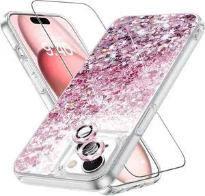 Caka [3 in 1] Case for iPhone 15, iPhone 15 Case with Camera Cover Protector & Screen Protector Glitter Bling Sparkle for Women Girls Liquid Clear Case for iPhone 15 6.1 inches - Rose Gold