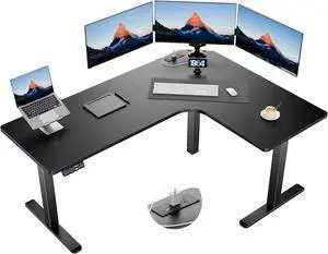 63 Dual Motor L-Shaped Standing Desk, Built-in Power Outlets, Electric Height Adjustable Corner Computer Desk, Large Power Strip Holder, Sit Stand Up Desk with 3 Preset Heights, Black
