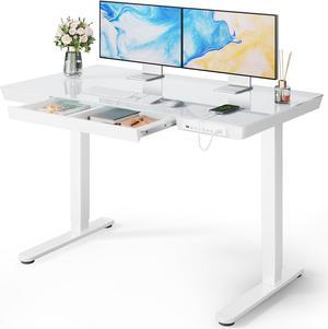 Glass Standing Desk with Drawer, 48 x 24 inch Electric Standing Desk, Height Adjustable Desk with One-Piece Tabletop & USB Charging Ports, Sit Stand Desk with Storage for Home & Office White