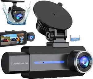 3 Channel 2.5K Dash Cam, 1440P Dash Cam Front and Rear Inside, Dash Camera for Cars, Triple Car Camera with 32GB Card, G-Sensor, 24Hr Parking, 170°Wide Angle, Loop Recording, IR Night Vision, Blue