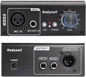 Microphone Preamp Mic Gain Booster with 2 Input Max 75db Gain 48V Phantom Power for Dynamic and Condenser Mic