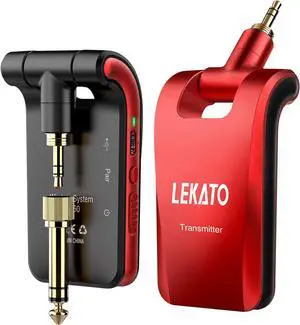 2.4GHz Wireless Guitar System 6 Channels Rechargeable Wireless Transmitter Receiver for Guitar Bass, Guitar wireless System, Stereo and Mono 1/4 & 1/8 2 in 1 Plugs (Black&Red)