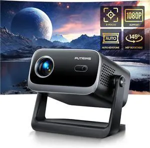 Mini Projector,Projector with WiFi and Bluetooth,PUTRIMS 1080P Support Portable Projector 145° Rotatable Electric Focus & Auto Keystone outdoor projector Compatible with HDMI/USB/Smartphone/PC/Laptop