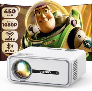 Mini Projector with WiFi and Bluetooth, 450ANSI 1080P FHD Home Movie Projector, Portable Outdoor Projector with 250" Display+Zoom, Compatible w/Phone/Laptop/TV Stick-Indoor&Outdoor