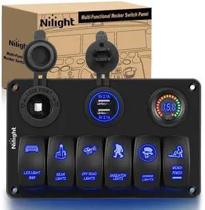 6 Gang Rocker Switch Panel Laser Etched Anum LED Light Bar with Cigarette Lighter and Dual USB Charger Voltmeter for 12V-24V Cars Trailers UTV Boats RVs Campers by DT