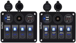 2 Pieces Waterproof Boat Rocker Switch Panel Aluminium Panel with 12V Voltmeter 3.1A Dual USB Cigarette Lighter Socket 4 Bang Boat Switch Panel for Car Boat