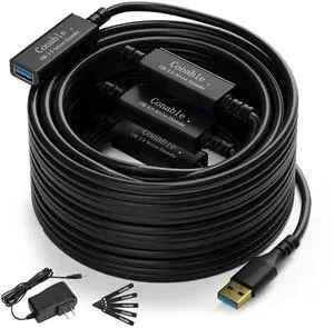 USB 3.0 Active Extension Cable 100 Feet, Long USB Type-A Male to Female Extender Cord, Built-in 3 Signal Booster Smart Chips, 5Gbps Transfer, Black USB Extension Cable with an AC Power Adapter (5V 2A)