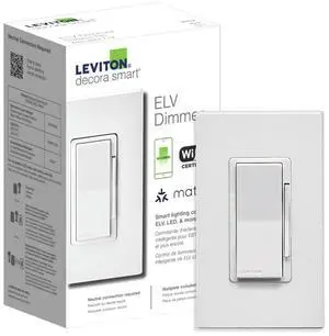 Leviton Decora Smart ELV/LED, Phase Selectable Dimmer Switch, Wi-Fi 2nd Gen, Neutral Wire Required, D2ELV-1BW, White Leviton Decora Smart ELV/LED, Phase Selectable Dimmer Switch, Wi-Fi 2nd Gen, Neutral Wire Required, D2ELV-1BW, White