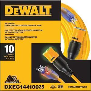 DEWALT 25 Foot Extension Cord Lighted Click-to-Lock 10/3 SJTW - Heavy Duty Outdoor, Waterproof, Weatherproof, Heat & Corrosion Resistant Industrial Strength Light Up Three Prong Outlet Plug Power Cord