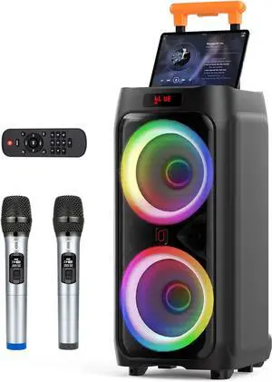 Karaoke Machine with 2 Wireless Microphones for Adults, 8" Big Bluetooth Party Speaker with 500W Peak Power, PA System with LED Disco Light, Rolling Wheels and Trolley, Perfect for Outdoor Home