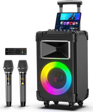 Karaoke Machine, 10" Woofer Big Bluetooth Karaoke Speaker, Portable Microphone Speaker with 2 Wireless Mics, Party Lights, Supports Vocal Cut, TWS/Bluetooth/REC/USB/TF/AUX