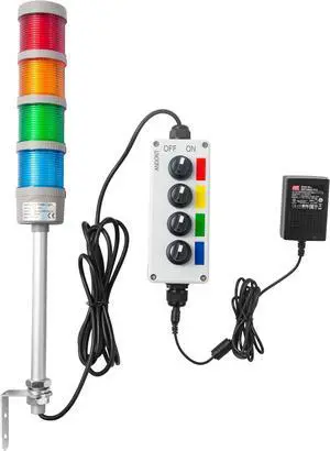 4 Stack Super Bright LED Andon Tower Lights with Buzzer, Off-ON or Flash,16 ft Extension Cord, 6 ft Industrial Adapter, Plug Play Ready