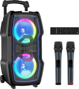 Karaoke Machine, Wireless Bluetooth PA System for Adults & Kids with Dual 8'' Subwoofers, 2 UHF Wireless Mics, Colorful LED Lights, Ideal for Home Karaoke, Party, Stage Performance (VS-0808)