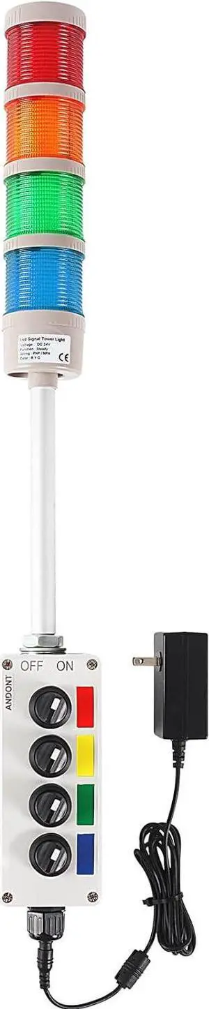 4 Stack Super Bright LED Andon Tower Lights, Off-ON, 6 ft Industrial Adapter, Plug Play Ready