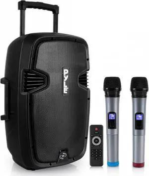 PPHP1299WU.5 Karaoke Portable PA Speaker System - 1000W Active Powered Wireless Bluetooth Compatible Outdoor Speaker W/Rechargeable Battery, Wheels, USB MP3 RCA, 2 UHF Microphone, Remote, Black